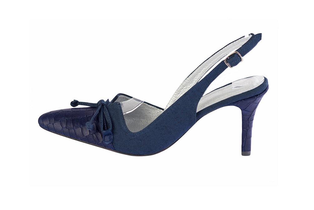 Navy blue elegant slingback heels, with a bow on the front. Tapered toe. High slim heel. - Florence KOOIJMAN